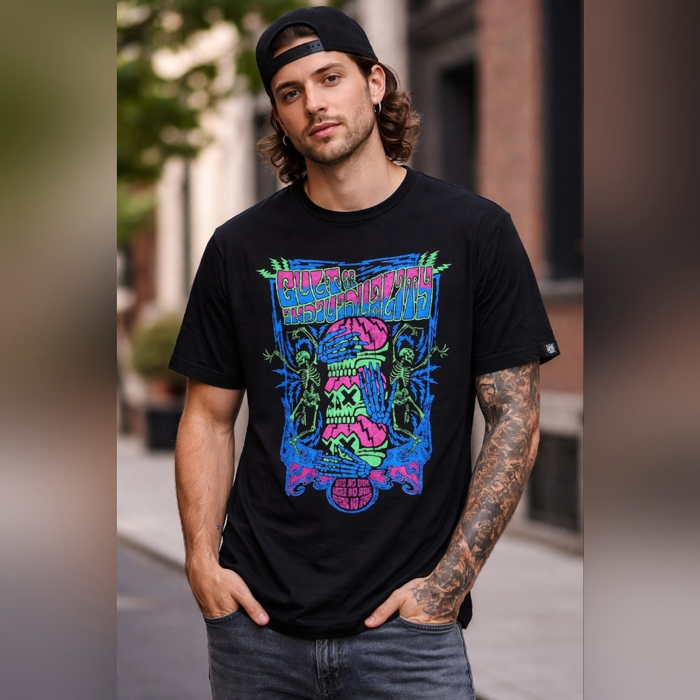Cult of Individuality Black Tee with Neon Graphics